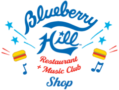 Blueberry Hill Restaurant & Music Club Store logo featuring the words in a script and little hamburgers, music notes, and stars next to them